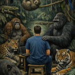 Mann am Laptop sitzt im Dschungel umgeben von Gorillas, Tigern, Leoparden, Faultier und tropischen Vögeln in surrealer Wal…
