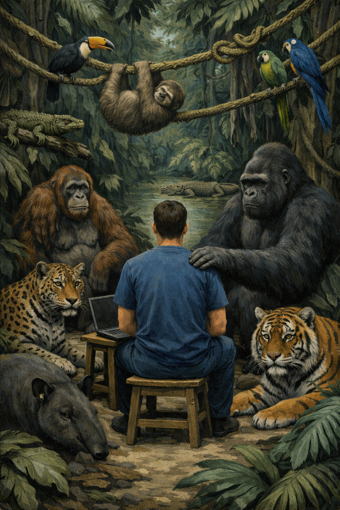 Mann am Laptop sitzt im Dschungel umgeben von Gorillas, Tigern, Leoparden, Faultier und tropischen Vögeln in surrealer Wal…