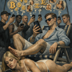 Gruppe von Männern am Strand mit Smartphones, Gedankenblasen mit Kryptowährungen und Luxusmarken, satirische Darstellung d…