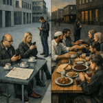 Gegenüberstellung: Links moderne Menschen mit Smartphones in steriler Stadtumgebung, rechts traditionelle Mahlzeit mit Fam…
