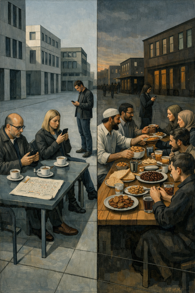 Gegenüberstellung: Links moderne Menschen mit Smartphones in steriler Stadtumgebung, rechts traditionelle Mahlzeit mit Fam…