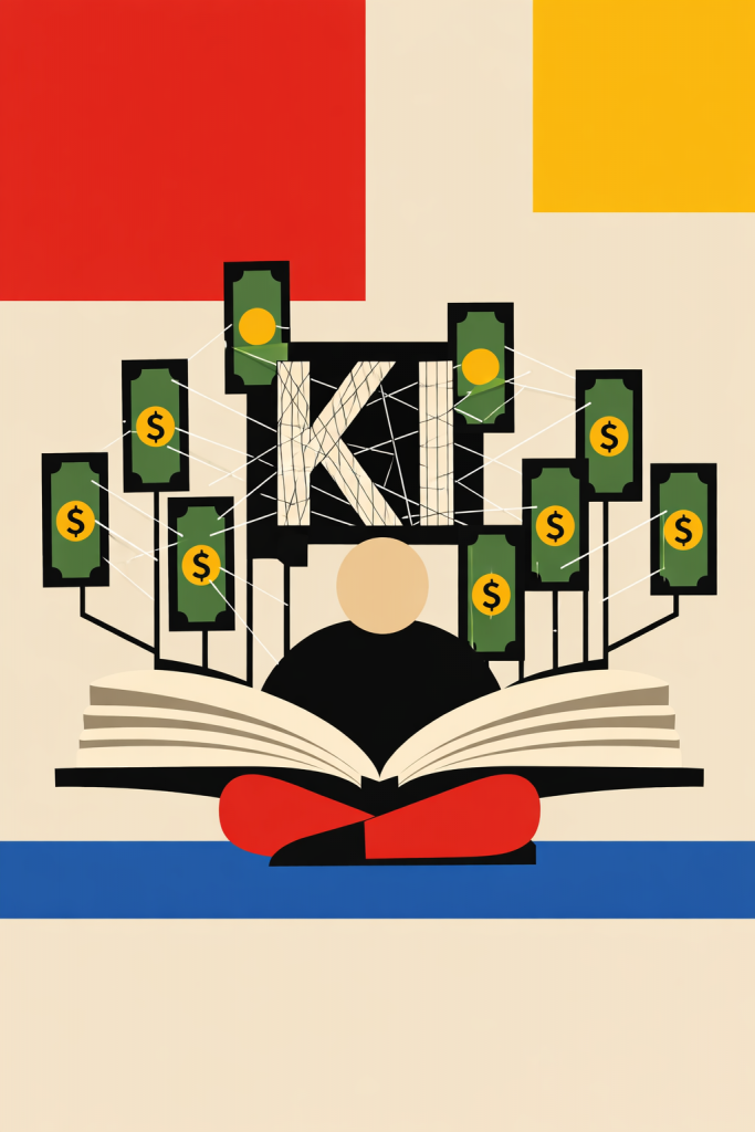 Person mit Buch liest über Finanznetwork und Geschäftsverbindungen, symbolisiert Shy Girl und KI-Debatte in der digitalen …