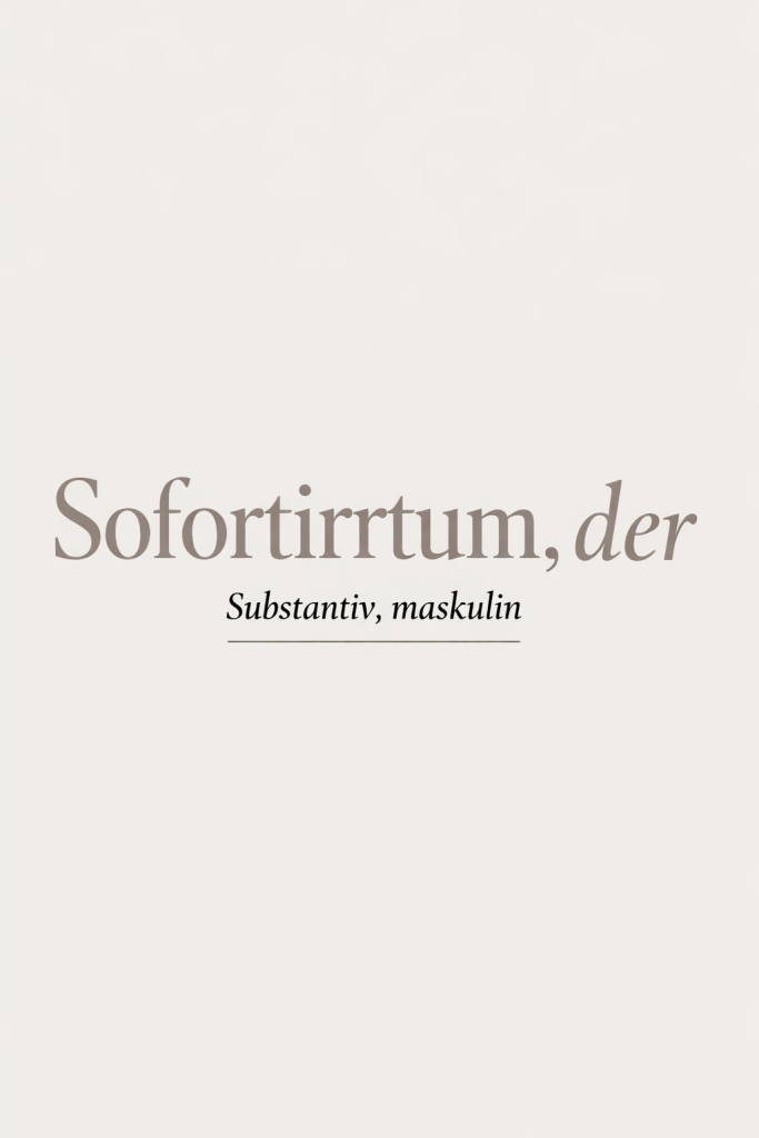 Typografisches Design zeigt das deutsche Wort "Sofortirrtum" in eleganter Serifenschrift mit grammatikalischer Beschreibun…