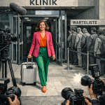 Frau in pinkem Blazer und grüner Hose verlässt Suchtklinik mit Koffer, umgeben von Fotografen und Warteschlange von Patien…