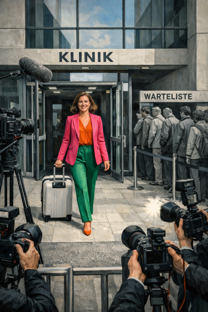 Frau in pinkem Blazer und grüner Hose verlässt Suchtklinik mit Koffer, umgeben von Fotografen und Warteschlange von Patien…