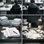Vier Szenen aus dem Verlagsalltag: Redakteurin am Schreibtisch mit Unterlagen, Designer mit Headset am Dual-Monitor-Setup,…