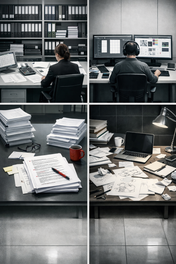 Vier Szenen aus dem Verlagsalltag: Redakteurin am Schreibtisch mit Unterlagen, Designer mit Headset am Dual-Monitor-Setup,…