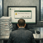 Mann am Schreibtisch mit Fehlermeldung "Zirkelbezug" in Excel-Tabelle, Papierstapel daneben, symbolisiert logische Fehler …