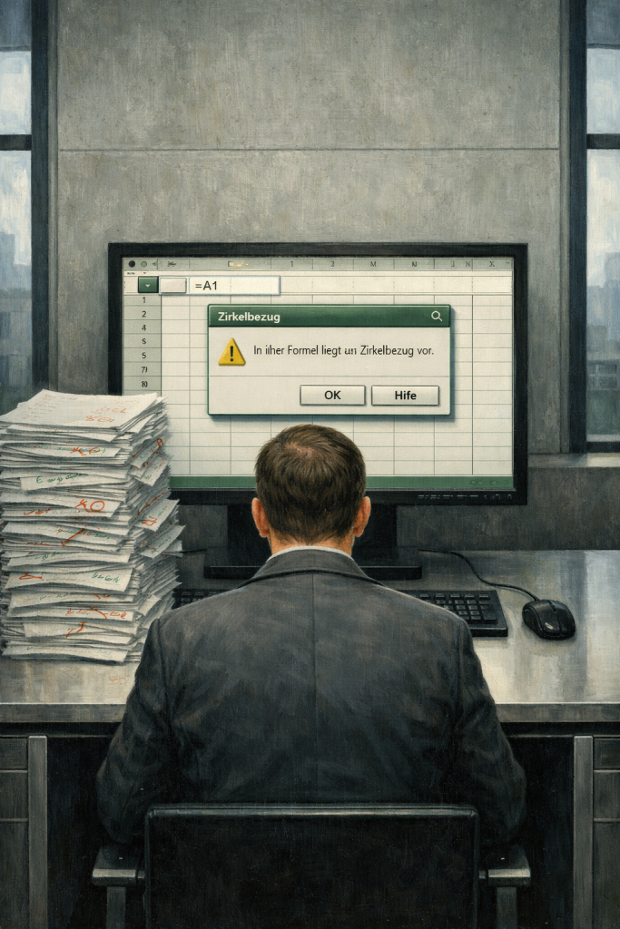 Mann am Schreibtisch mit Fehlermeldung "Zirkelbezug" in Excel-Tabelle, Papierstapel daneben, symbolisiert logische Fehler …