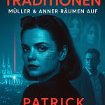 Buchcover "Kölner Traditionen" von Patrick Meier: Frau mit Brille vor digitalem Köln-Skyline-Hintergrund, Mann im unscharf…