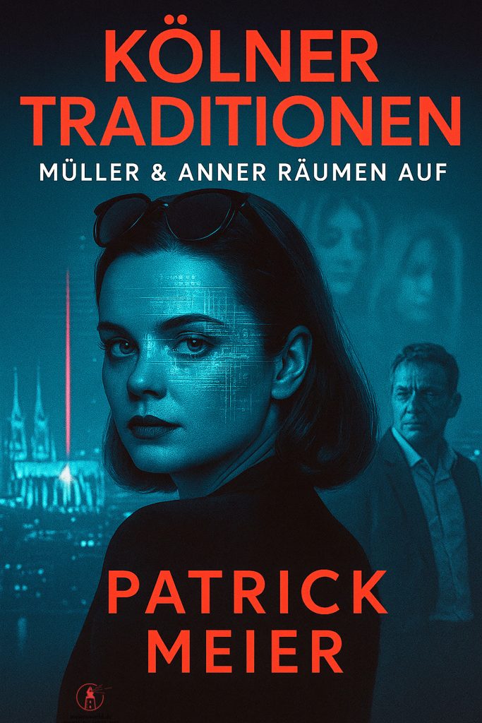 Buchcover "Kölner Traditionen" von Patrick Meier: Frau mit Brille vor digitalem Köln-Skyline-Hintergrund, Mann im unscharf…