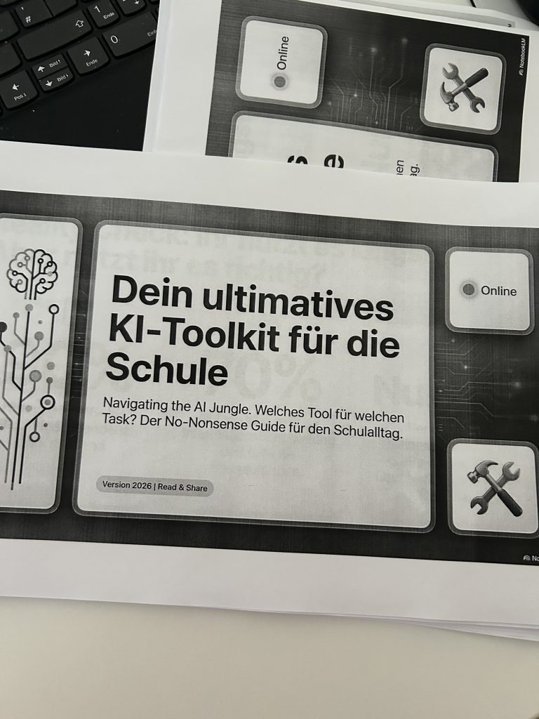 Gedrucktes KI-Toolkit für Schulen mit Symbolen für Online-Status und Tools auf schwarzem Hintergrund neben Tastatur