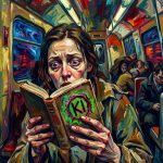 Gestresste Frau in U-Bahn liest Buch mit KI-Label, umgeben von Passagieren, neonbunte Illustration zum Thema künstliche In…