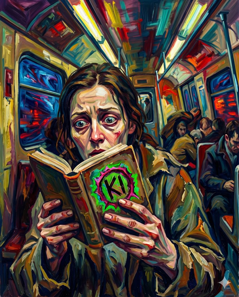 Gestresste Frau in U-Bahn liest Buch mit KI-Label, umgeben von Passagieren, neonbunte Illustration zum Thema künstliche In…
