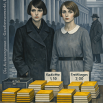 Zwei Frauen präsentieren Bücher an Tisch vor Reichstag Berlin 1929, Gedichte und Erzählungen mit Preisen