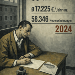 Mann schreibt am Schreibtisch, Statistik zu Autoreneinkommen 2024 mit 55% unter 50€/Monat, 17.225€ Jahresverdienst, 58.346…