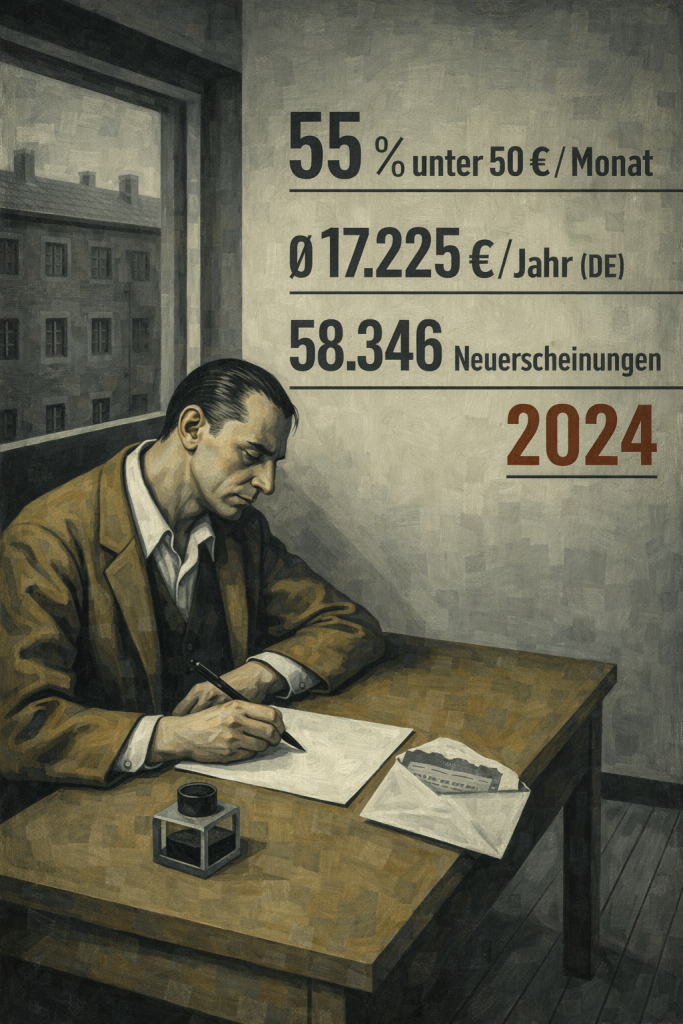 Mann schreibt am Schreibtisch, Statistik zu Autoreneinkommen 2024 mit 55% unter 50€/Monat, 17.225€ Jahresverdienst, 58.346…