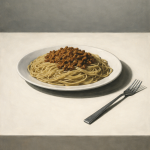 Spaghetti Bolognese auf weißem Teller mit Gabel auf minimalistischem grauweißem Hintergrund