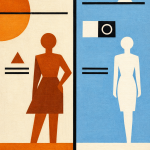 Stilisierte Illustration zweier Frauen in Retro-Design: Links Frau in Orange mit geometrischen Symbolen, rechts Frau in We…