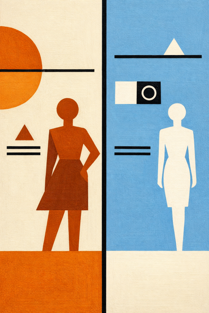 Stilisierte Illustration zweier Frauen in Retro-Design: Links Frau in Orange mit geometrischen Symbolen, rechts Frau in We…