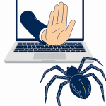 Laptop mit Stopphand gegen Malware-Spider – Symbolbild für KI-Crawler-Schutz und Webseiten-Sicherheit