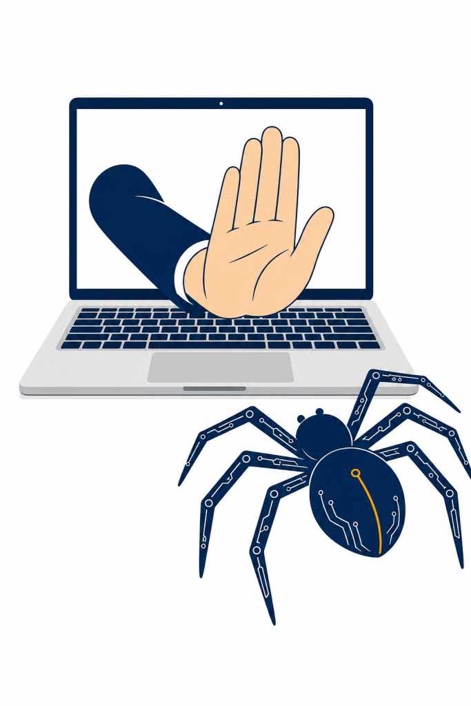 Laptop mit Stopphand gegen Malware-Spider – Symbolbild für KI-Crawler-Schutz und Webseiten-Sicherheit