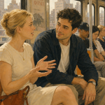 Zwei Menschen in intensivem Gespräch in der New York U-Bahn, Skyline im Hintergrund, romantische Urban-Szenerie