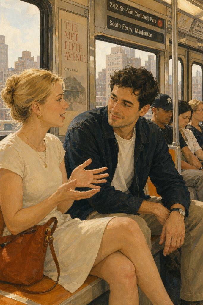 Zwei Menschen in intensivem Gespräch in der New York U-Bahn, Skyline im Hintergrund, romantische Urban-Szenerie