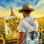 Mann malt Sonnenblumen im Van-Gogh-Stil auf Staffelei in Sonnenblumenfeld mit Thermomix und Weinflasche