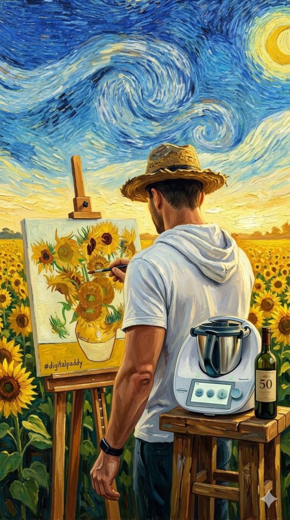 Mann malt Sonnenblumen im Van-Gogh-Stil auf Staffelei in Sonnenblumenfeld mit Thermomix und Weinflasche