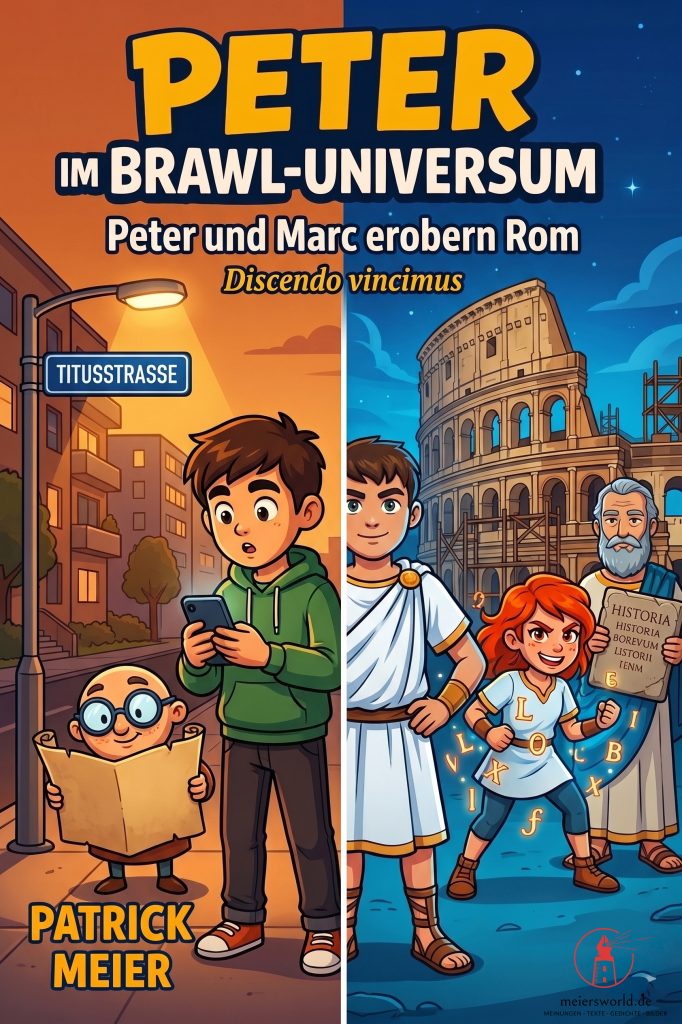 Peter und Marc erobern Rom: Cartoon-Cover mit Kindern in moderner Stadt und antiken römischen Ruinen, Titusstrasse, Brawl-…