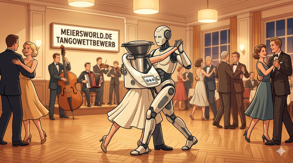 Ein KI-Roboter und ein Thermomix tanzen gemeinsam Tango auf einem Parkett-Tanzparkett. Im Hintergrund spielt eine kleine Kapelle mit Kontrabass, Akkordeon und Geige. Mehrere elegant gekleidete Menschenpaare tanzen um sie herum. An der Wand hängt ein Schild mit der Aufschrift «meiersworld.de Tangowettbewerb». Warmes Amber-Licht, freundliche Farben, Illustrationsstil.