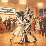 Ein KI-Roboter und ein Thermomix tanzen gemeinsam Tango auf einem Parkett-Tanzparkett. Im Hintergrund spielt eine kleine Kapelle mit Kontrabass, Akkordeon und Geige. Mehrere elegant gekleidete Menschenpaare tanzen um sie herum. An der Wand hängt ein Schild mit der Aufschrift «meiersworld.de Tangowettbewerb». Warmes Amber-Licht, freundliche Farben, Illustrationsstil.