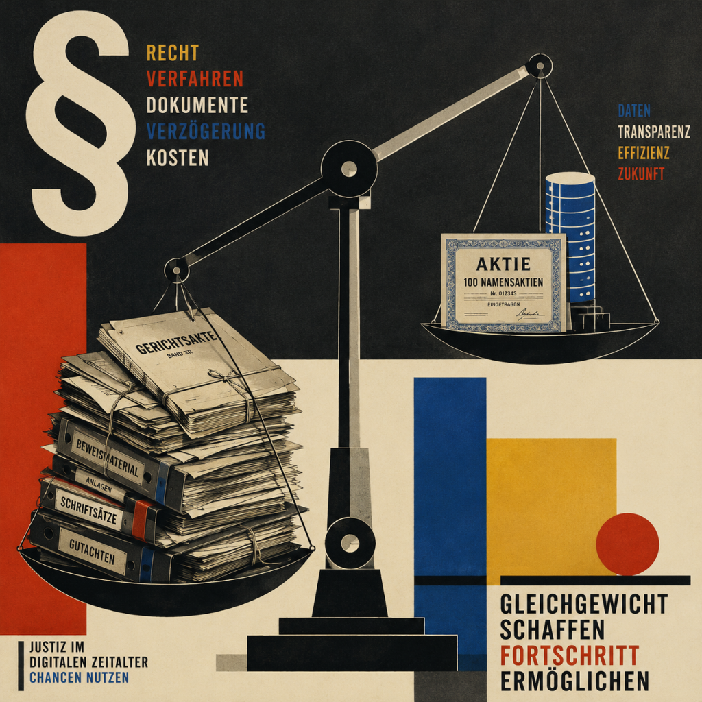 Vintage Infografik mit Waage: links Stapel Gerichtsakten, rechts Aktie und Datenbank, symbolisiert Gleichgewicht zwischen …
