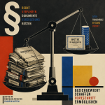 Vintage Infografik mit Waage: links Stapel Gerichtsakten, rechts Aktie und Datenbank, symbolisiert Gleichgewicht zwischen …