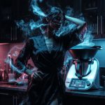 Frau mit Thermomix-Küchenmaschine in futuristischer, neon-beleuchteter Küche mit blauem Rauch und technologischen Elementen