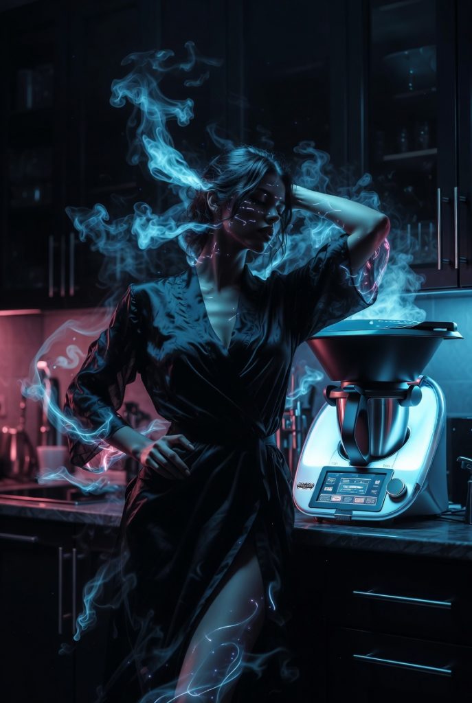 Frau mit Thermomix-Küchenmaschine in futuristischer, neon-beleuchteter Küche mit blauem Rauch und technologischen Elementen