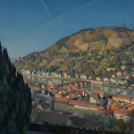 Heidelberg Stadtansicht mit Neckar, rotem Dachwerk und bewaldeten Hügeln unter blauem Himmel