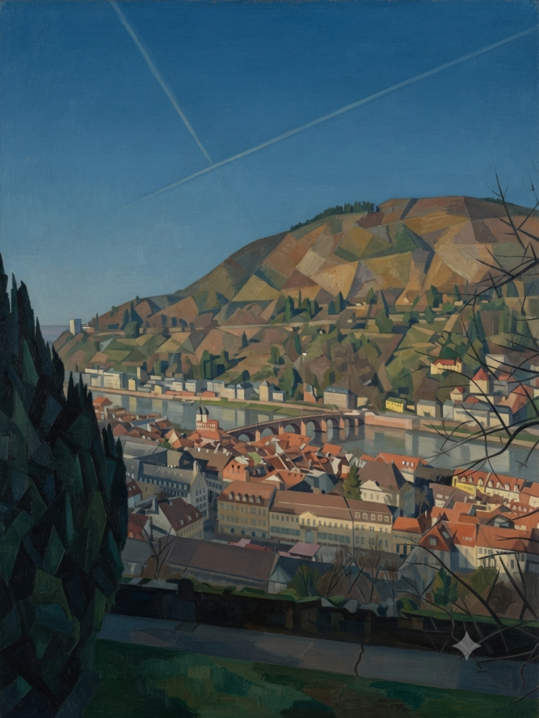 Heidelberg Stadtansicht mit Neckar, rotem Dachwerk und bewaldeten Hügeln unter blauem Himmel