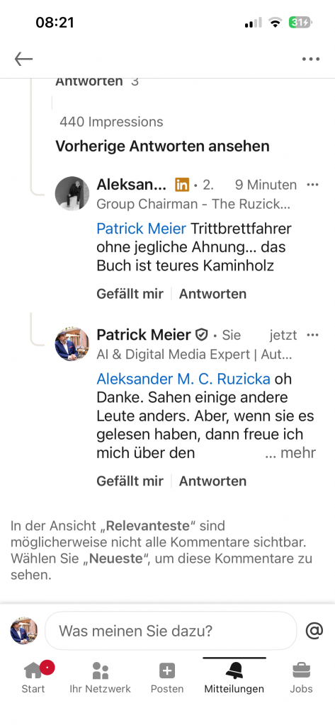 LinkedIn-Diskussion über Patrick Meiers Buch "The Audit" mit Kommentaren von Aleksandar M. C. Ruzicka und Patrick Meier