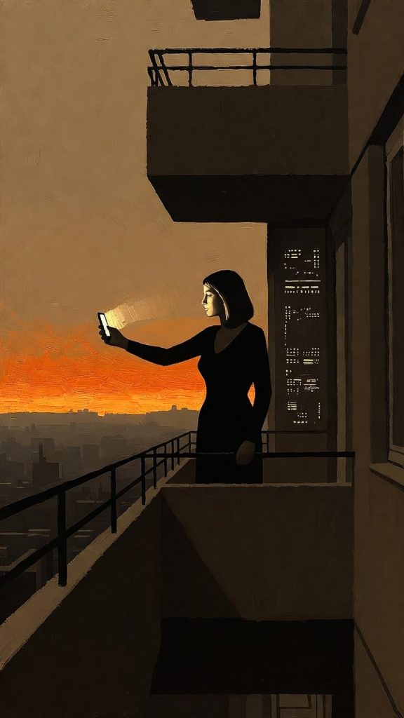 Silhouette einer Frau auf Hochhaus-Balkon hält Smartphone, orangenes Licht und Stadtansicht im Hintergrund, digitale Kommu…