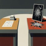 Zwei Schreibtische spalten einen Raum: Links ordentlich mit Büchern und Notizblock, rechts chaotisch mit zerbrochenem Moni…