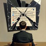 Person sitzt vor zerbrochenem Monitor mit Suchfenster, Symbolisierung von Informationsüberflutung und digitaler Fragmentie…