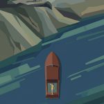 Illustration: Zwei Personen stehen auf Bergklippe über See mit Boot und Schwimmer im Wasser, Lago Maggiore Landschaft