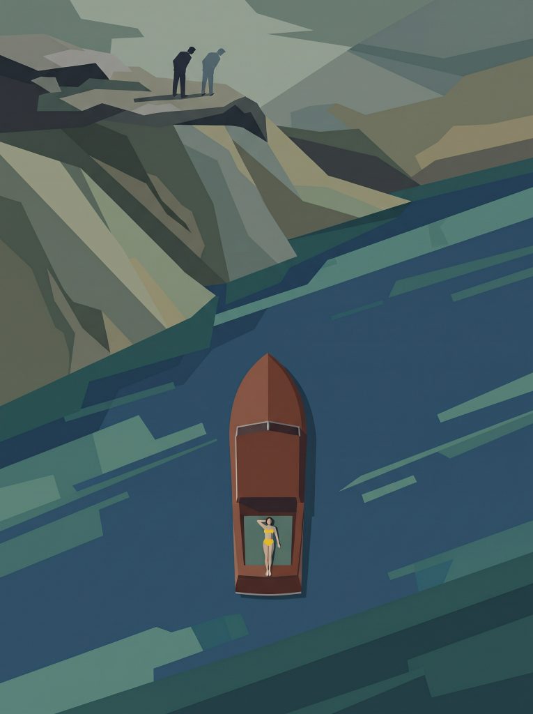 Illustration: Zwei Personen stehen auf Bergklippe über See mit Boot und Schwimmer im Wasser, Lago Maggiore Landschaft