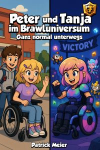 Peter und Tanja im Brawl-Universum Band 7: Tanja im Rollstuhl neben Peter in realistischer Umgebung links, rechts Gaming-V…