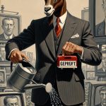 Anthropomorphe Ziege im Businessanzug gießt Münzen mit Gießkanne, hält "GEPRÜFT"-Siegel, umgeben von Überwachungskameras u…