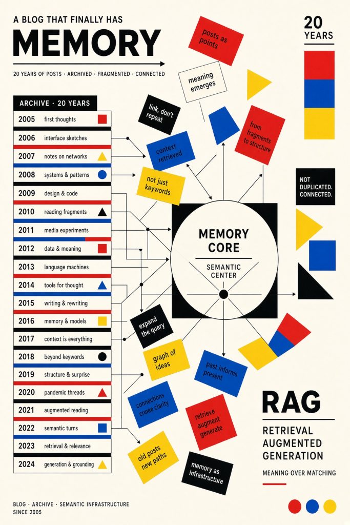 20 Jahre Blog-Archiv mit semantischem Gedächtnis-Kern: Infografik zeigt Retrieval Augmented Generation (RAG) und Wissensgr…