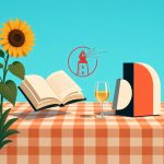 Illustrierte Szene mit offenen Buch, Weinglas und geometrischen Formen auf karierter Decke, Sonnenblume und Leuchtturm-Sym…
