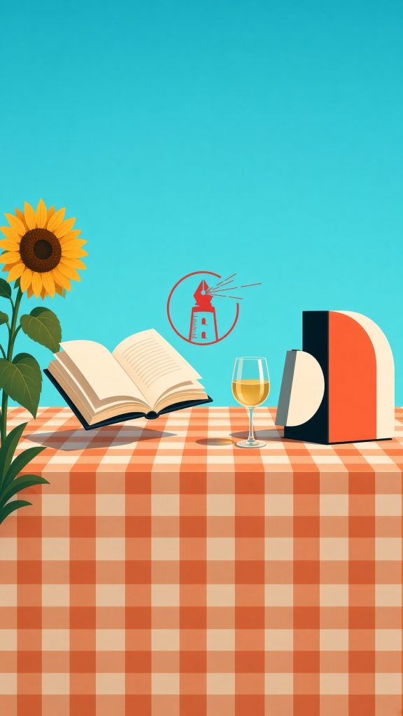 Illustrierte Szene mit offenen Buch, Weinglas und geometrischen Formen auf karierter Decke, Sonnenblume und Leuchtturm-Sym…